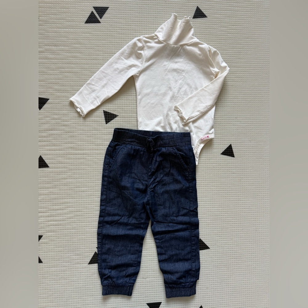 Garanimals|Baby girl/toddler outfit—dark wash chambray pants & turtleneck onesie